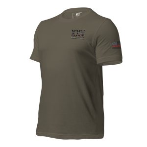 A green XXV Tactical Thin Red Line t-shirt with a red, white and blue stripe.