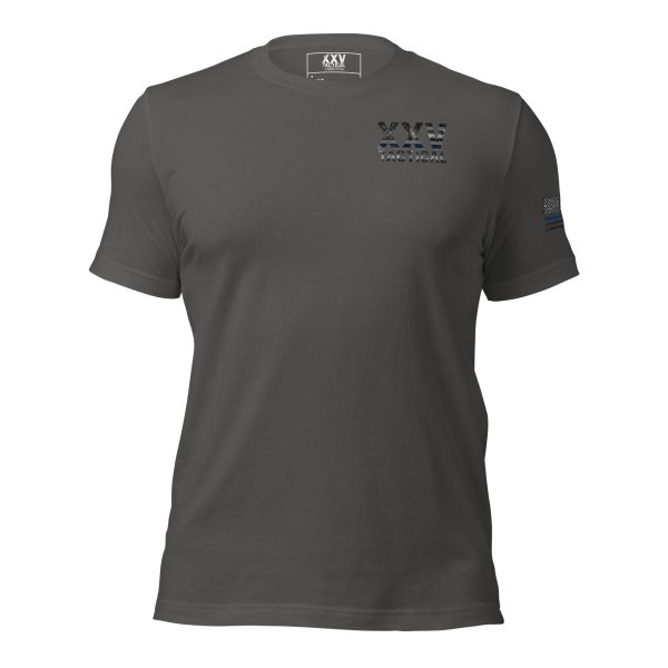 A gray t-shirt with a blue logo on it featuring the XXV Tactical Thin Blue Line design.