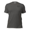 A gray t-shirt with a red logo on it, featuring the XXV Tactical Thin Red Line.