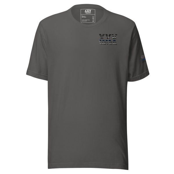 A gray t-shirt with a XXV Tactical Thin Blue Line logo on it.