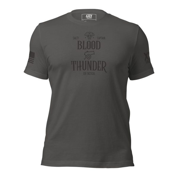 A Men's Blood & Thunder - Salty Captain Tee with the slogan "Blood & Thunder".