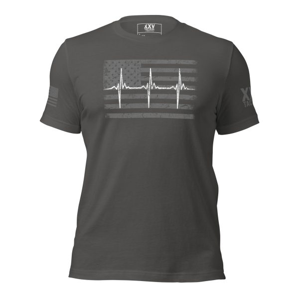 A gray Thin White Line Healthcare & EMT Tee with an American flag and a white line on it.