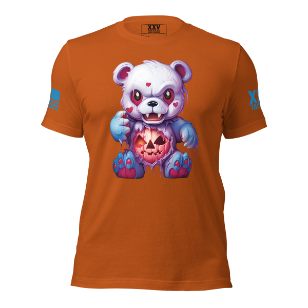 A Women's Halloween Bear Tee featuring the Women's Halloween Bear Tee, a cute teddy bear holding a pumpkin.