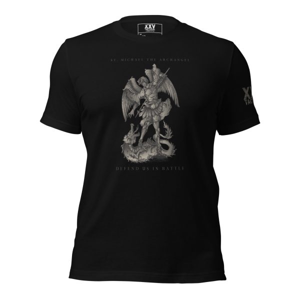 A black Men's St. Michael Defend us in Battle Tee, defending us in battle.