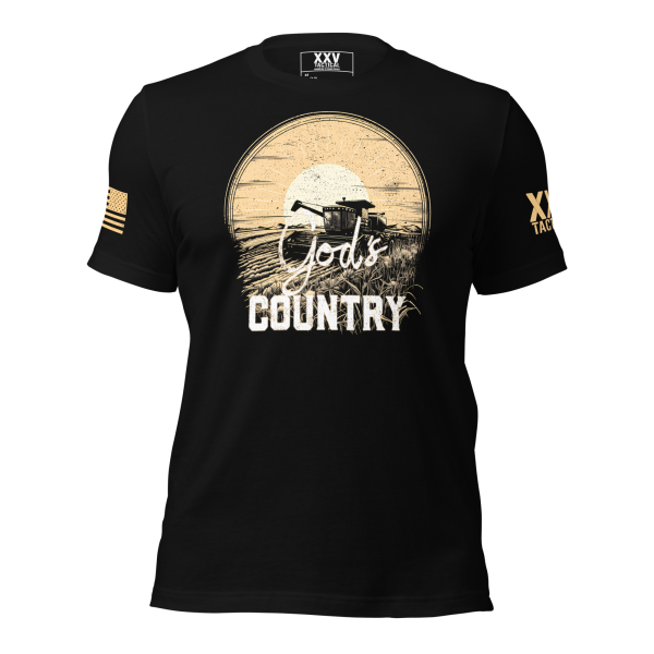 A Men's black "God's Country" Tee featuring an image of a cowboy with a sunset.