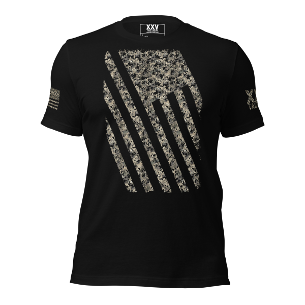 A Men's Distressed Digital Flag Tee with a digital American flag print.