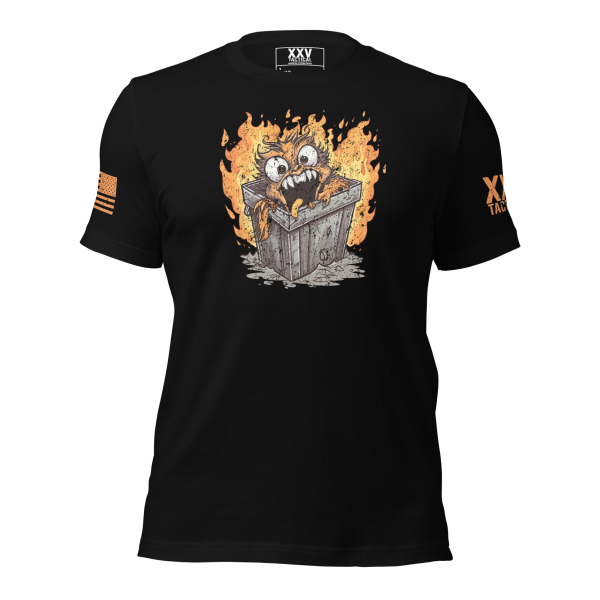 A Men's Dumpster Fire Tee with an image of a cat on fire.