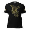 A Men's Saint Michael defeating Satan Tee with a gold eagle on it.