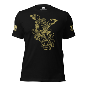 A Men's Saint Michael defeating Satan Tee with a gold eagle on it.
