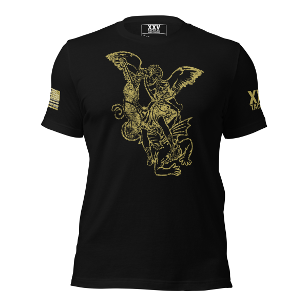 A Men's Saint Michael defeating Satan Tee with a gold eagle on it.