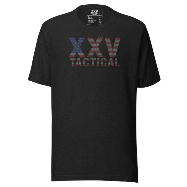 A patriotic XXV Tactical Patriot Tee with an American flag on it.