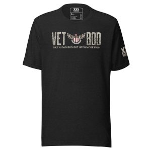 A Men's Vet Bod - Like a Dad Bod But With Pain T-Shirt with "Vet Bod" printed on it.