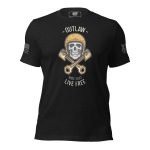 A black Men's Outlaw Ride Fast Live Free Tee with an American flag and a skull, giving it an outlaw vibe.