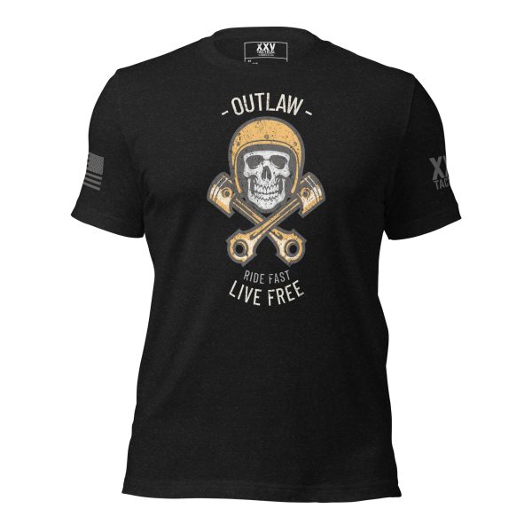 A black Men's Outlaw Ride Fast Live Free Tee with an American flag and a skull, giving it an outlaw vibe.