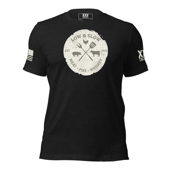 A black Men's Low & Slow Grilling Tee with an image of a cross and an arrow.