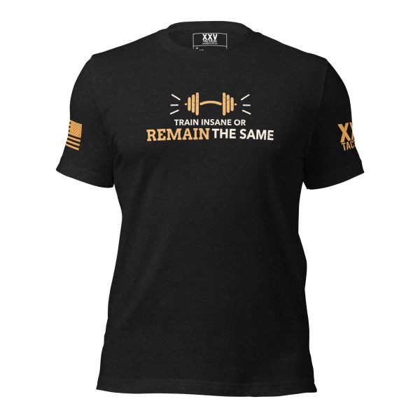 A Men's Train Insane or Remain The Same Tee with the words "remain the same" printed on it.