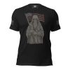 A Men's American Grim Reaper Short-Sleeve Tee featuring a picture of a man holding an American flag.