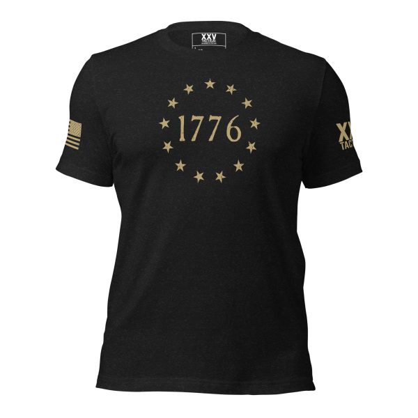 A black Men's 1776 Betsy Ross Flag T-Shirt, featuring gold text and stars.