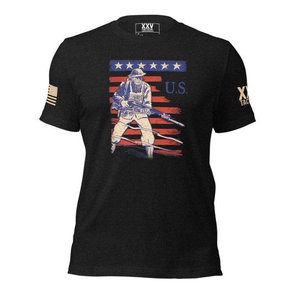 A vintage black Men's 'At The Ready' Vintage WWII Tee with an image of a soldier holding an American flag from WWII.
