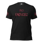 A Men's No Excuses Tee on a black t-shirt.