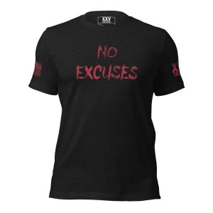 A Men's No Excuses Tee on a black t-shirt.