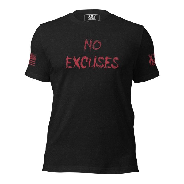 A Men's No Excuses Tee on a black t-shirt.