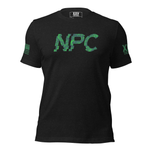 A men's black Men's NPC Graphic Tee with the word NPC on it.