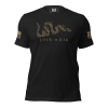 A black Men's Join or Die Colonial America T-Shirt displaying the iconic phrase "Join or Die" associated with Colonial America.