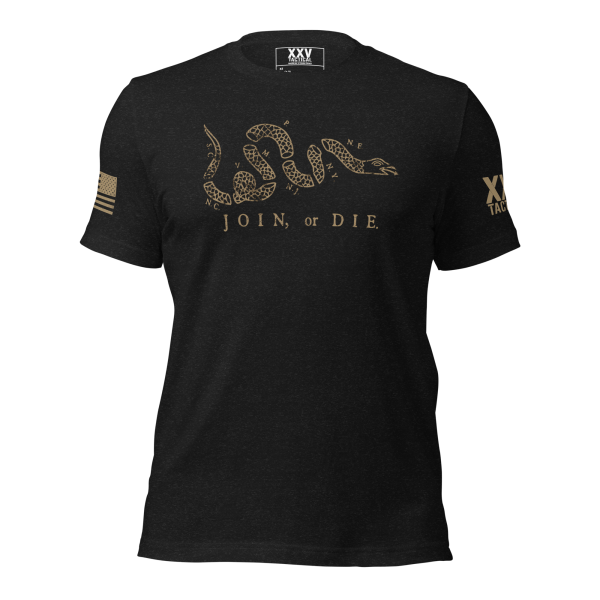 A black Men's Join or Die Colonial America T-Shirt displaying the iconic phrase "Join or Die" associated with Colonial America.