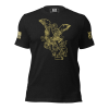 A black t-shirt with an image of an eagle on it, perfect for women who are fans of the Women's Saint Michael defeating Satan Tee.