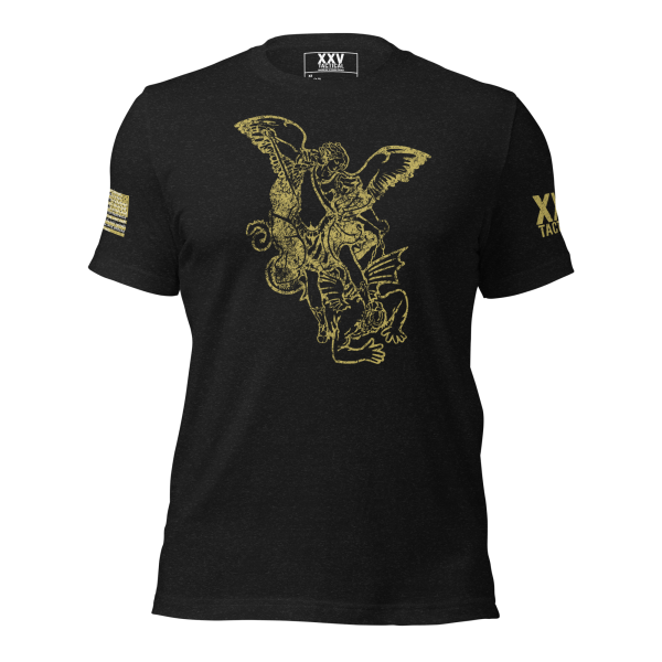 A black t-shirt with an image of an eagle on it, perfect for women who are fans of the Women's Saint Michael defeating Satan Tee.