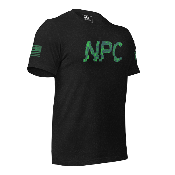 A Men's NPC Graphic Tee featuring the word NPC on a black t-shirt.
