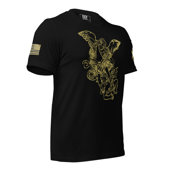 A Men's Saint Michael defeating Satan Tee featuring a gold eagle, symbolic of Saint Michael's defeating Satan.