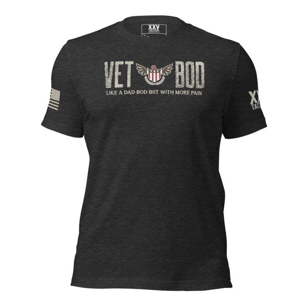 A Men's black t-shirt that says Men's Vet Bod - Like a Dad Bod But With Pain.