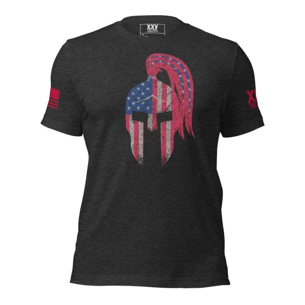 A Women's American Spartan T-Shirt featuring an American flag-adorned helmet.