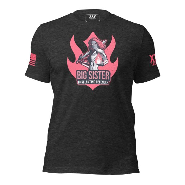 The Big Sister - Unrelenting Defender Tee, a black t-shirt proudly displaying the words "Big Sister" for all to see.