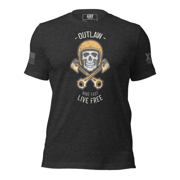 A men's black Men's Outlaw Ride Fast Live Free Tee with a skull and a wrench on it.