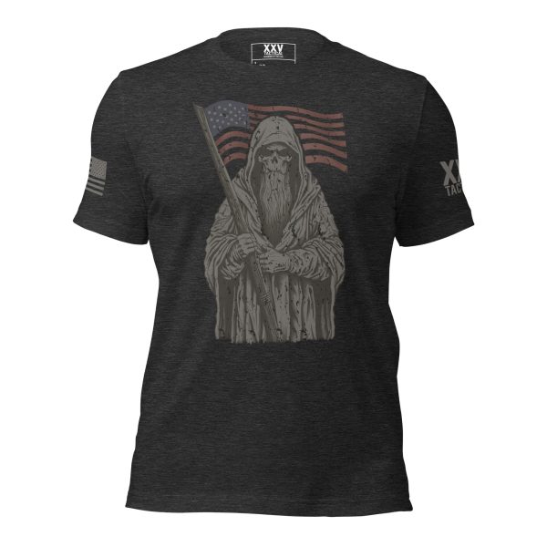 A black Men's American Grim Reaper Short-Sleeve Tee with a picture of a man holding an American flag.