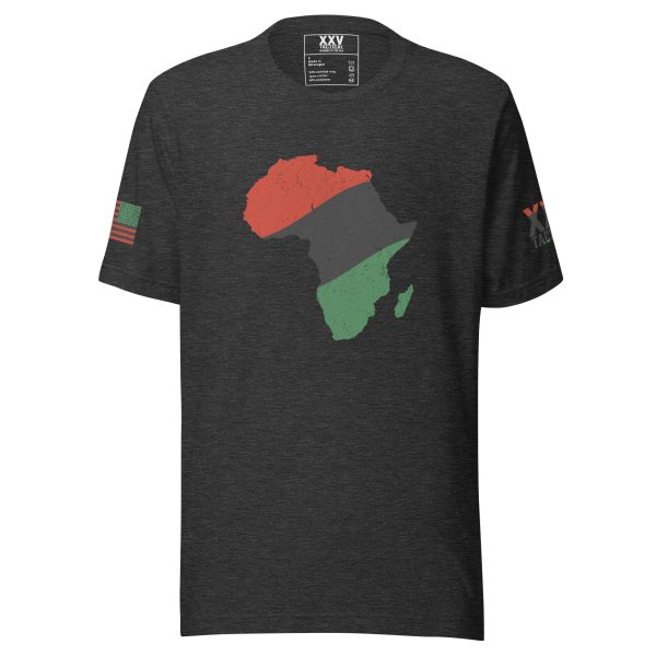 A black Men's African American Pride T-Shirt, with a map of Africa on it, perfect for men who take pride in their African American heritage.