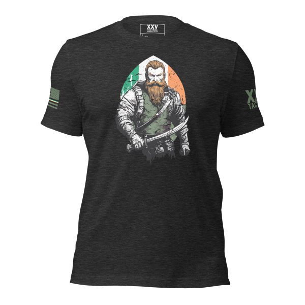 A Men's Irish American Pride T-Shirt featuring an image of a bearded man holding a sword.