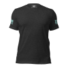 A women's crew neck t-shirt with an American flag on it.