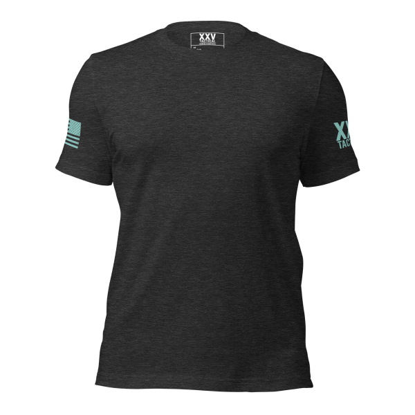 A women's crew neck t-shirt with an American flag on it.