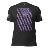 A Women's Distressed Digital Flag Tee with digitally distressed purple flowers on a black background.