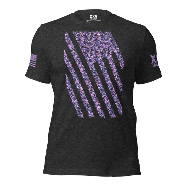 A Women's Distressed Digital Flag Tee with digitally distressed purple flowers on a black background.