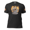 A Women's Dumpster Fire Tee featuring a cat on fire, resembling a dumpster fire.