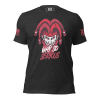 A Men's Why So Serious Tee featuring a black clown image and a red flag, bringing to mind the phrase "Why So Serious?