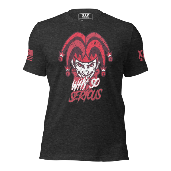 A Men's Why So Serious Tee featuring a black clown image and a red flag, bringing to mind the phrase "Why So Serious?