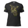 A Men's Saint Michael defeating Satan Tee featuring an image of Saint Michael with an angel riding a horse, symbolizing the epic battle of defeating Satan.