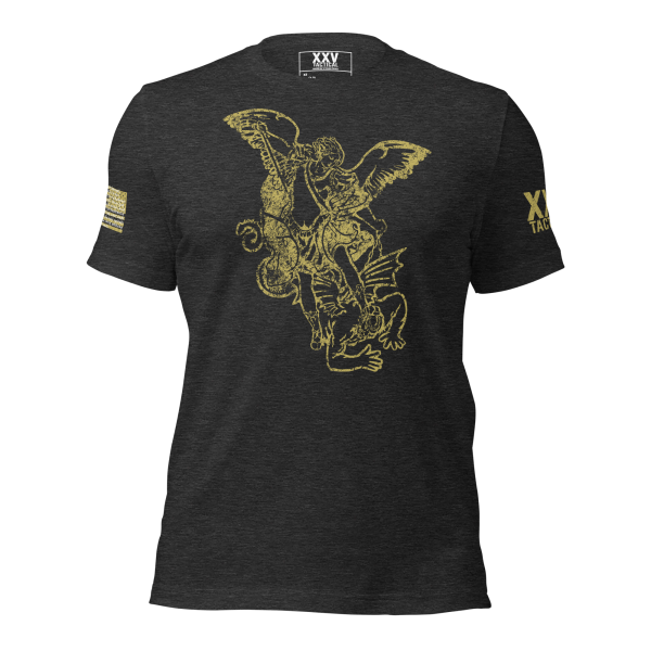 A Men's Saint Michael defeating Satan Tee featuring an image of Saint Michael with an angel riding a horse, symbolizing the epic battle of defeating Satan.