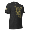 A black Men's Saint Michael defeating Satan Tee with a gold eagle on it.